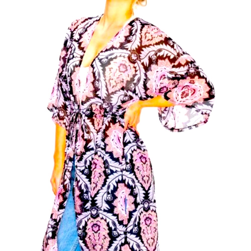 Coverup Pink Boho Paisely Floral Cardigan Kimono Open Front 3/4 Sleeve Cape